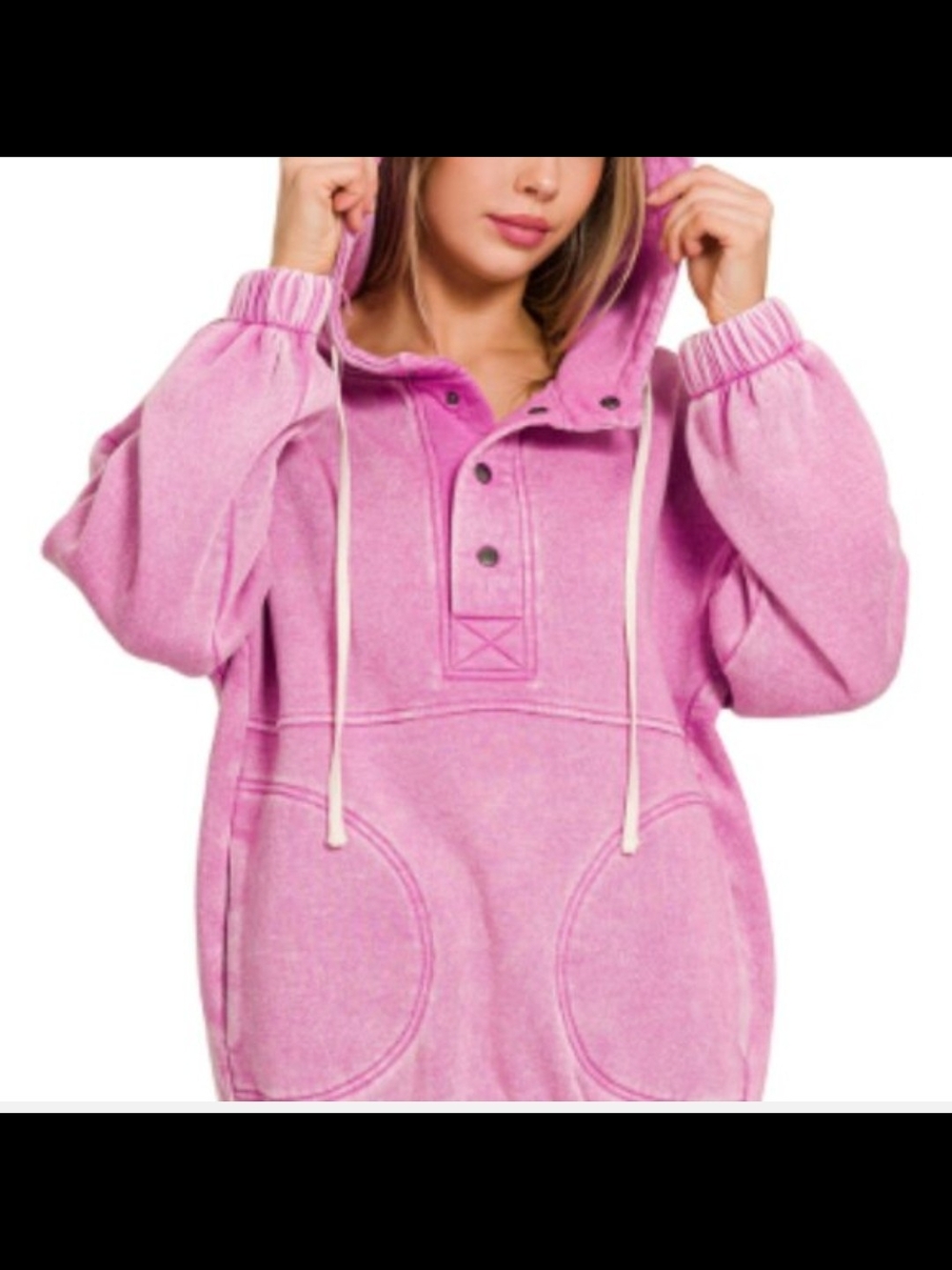 Pink Acid Washed Hooded Pullover Sweatshirt Jacket w/Pockets - Picture 3 of 5